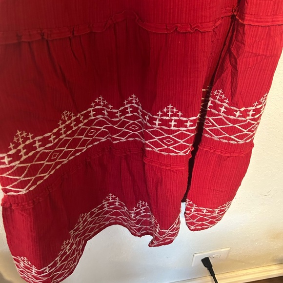 Red Embroidered Boho Midi Dress, Tiered Cotton Sundress, Cottagecore Dress - Picture 3 of 9